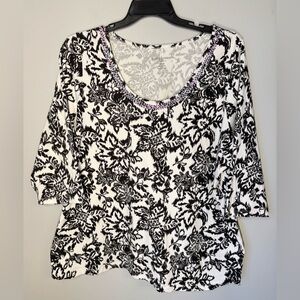 Jessica London Plus Size Floral Sequined Black White Stretchy Cotton Top 26/28